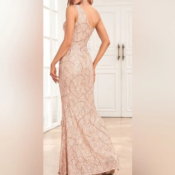 Rose Gold sequin one shoulder prom dress - Picture 3 of 4
